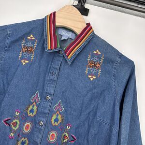 Liz & Me Cotton Denim Embroidered Blouse W/ Rainbow Collar Women’s Size‎ 2X